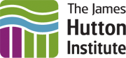 Logo for the James Hutton Institute. The equally spaced vertical segments in the logo show structure and foundation. This together with the horizontal segments hint at ‘unconformity in land’, one of the many discoveries made by James Hutton as he studied the land and its potential. The landscape and water are illustrated in the waved lines of the logo and give the logo movement. The purple (heather) is to symbolise the Scottish roots of the James Hutton Institute. The different sections are then grouped together within a curved square. The design can be interpreted as geological strata… as field plots… or as runrig in traditional Scottish farming and crofting. The white space could be drill holes.