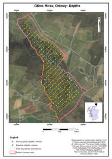 Glims Moss Orkney, Depths; Scottish Peat Survey sites, Scottish Peat Committee and Macaulay Institute for Soil Research