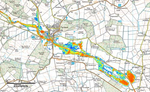  Flood inundation map for an extreme event of 1 in 100 year based on LiDAR DEM, Tarland catchment