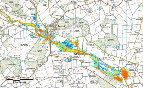 Figure 1: Flood inundation map for an extreme event of 1 in 100 year based on LiDAR DEM, Tarland catchment