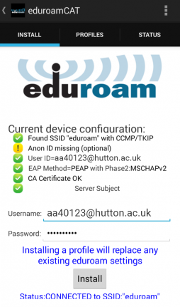 The Install tab in the eduroam CAT app after installing the Hutton profile The Install tab in the eduroam CAT app after installing the Hutton profile