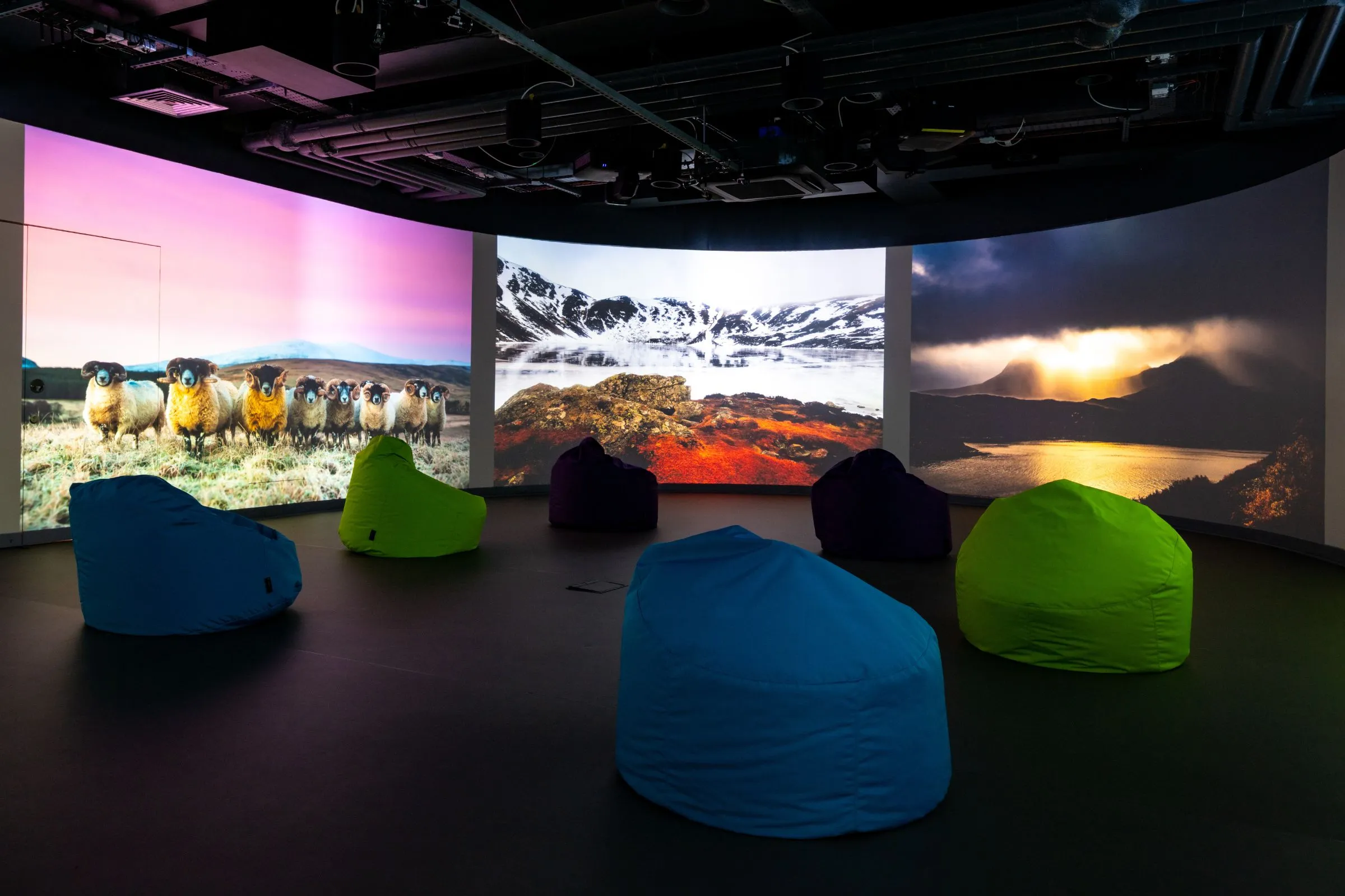 Guests inside the Immersive Suite at the Hutton Hub, surrounded by a 360 degree projected display